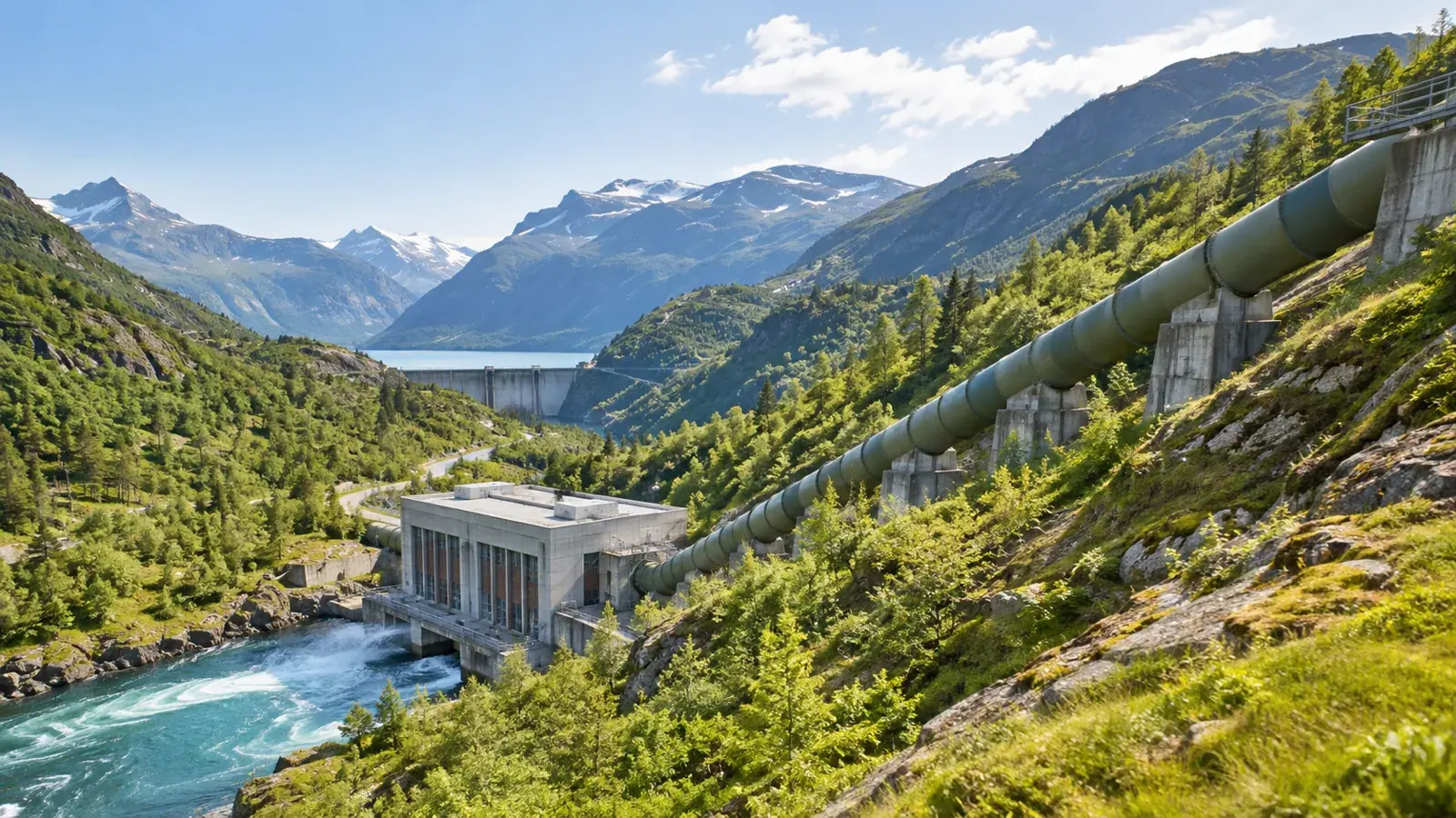 Centrale hydroélectrique en montagne, avec sa conduite forcée qui descend la pente